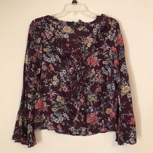 SOLD Burgundy Floral Bell Sleeve Lace Up Top